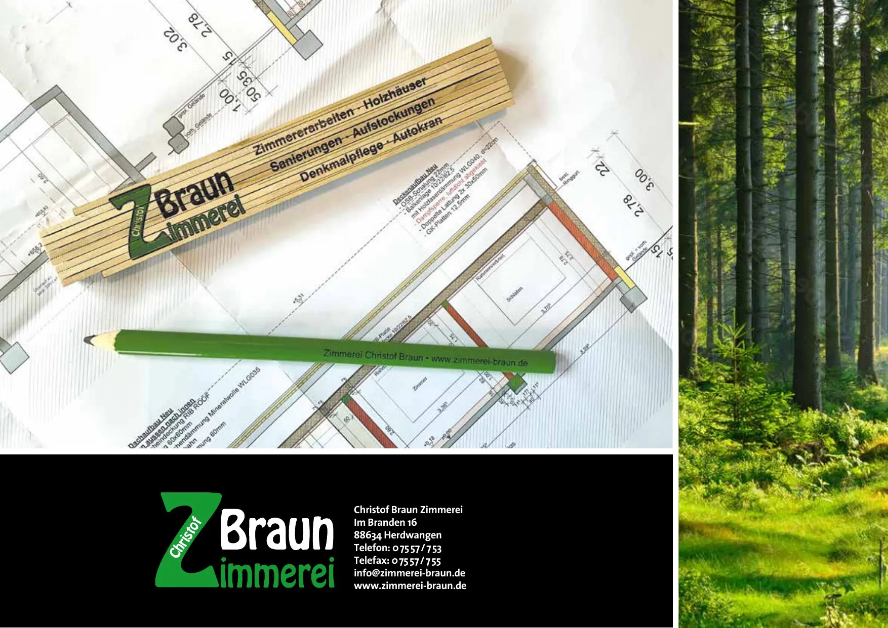 Prospektseite 16 von 16 – Rückseite mit Kontaktdaten der Zimmerei Christof Braun